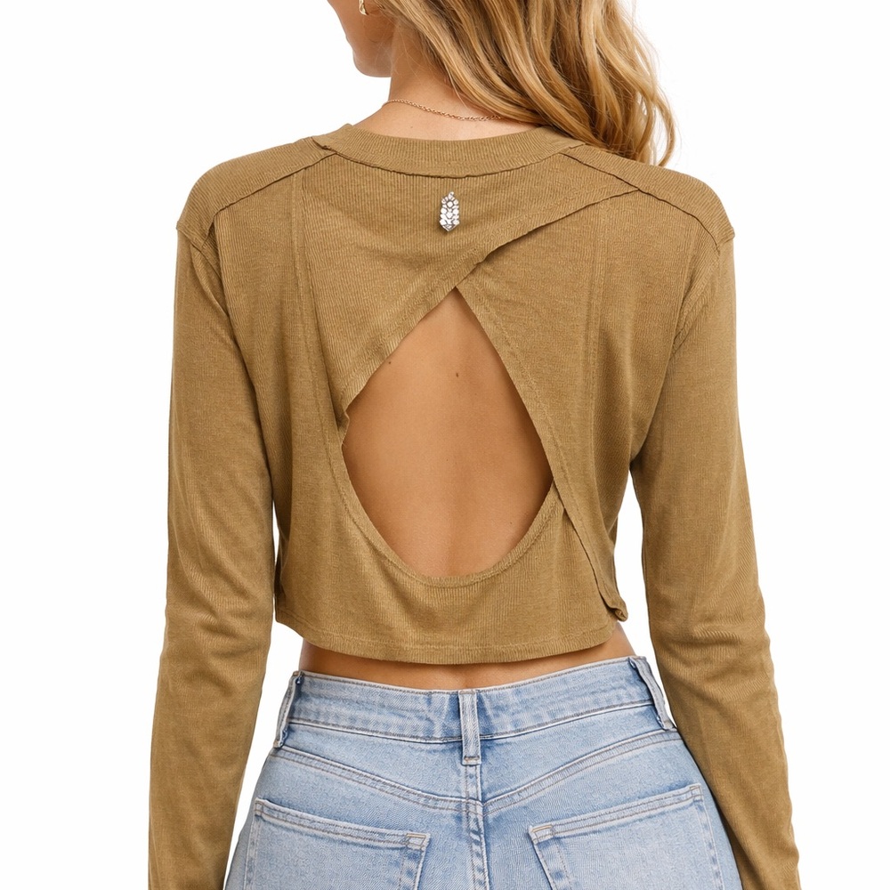 Free People Ribbed Crop Top XS Open Back Cutout Boho Fitted Long Sleeve Brown - Picture 8 of 10